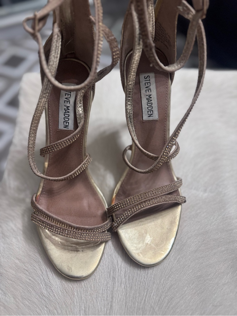 Steve Madden Metallic Gold Strappy Rhinestone Heels